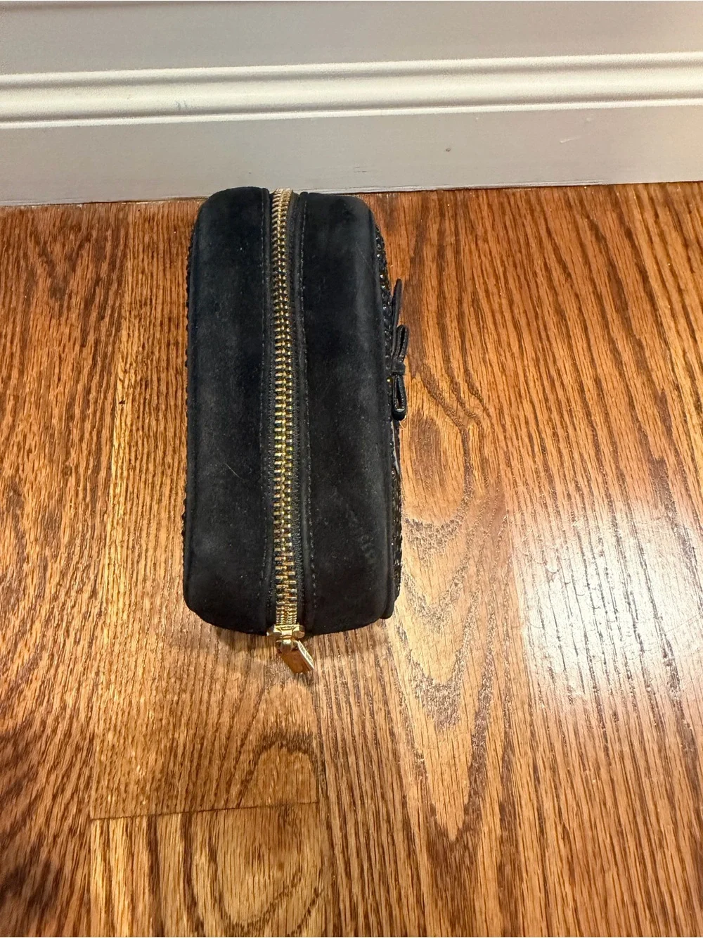 Tory Burch Black Suede Crystal-Stud Cosmetic Case with Gold Logo Charm